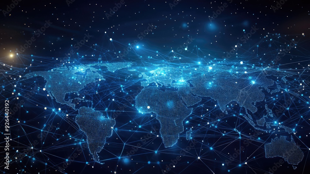 World map with abstract global data connections and telecommunication network lines. Vector illustration displaying interconnected nodes and business data flow. World map with abstract global data connections and telecommunication network lines. Vector illustration displaying interconnected nodes and business data flow.