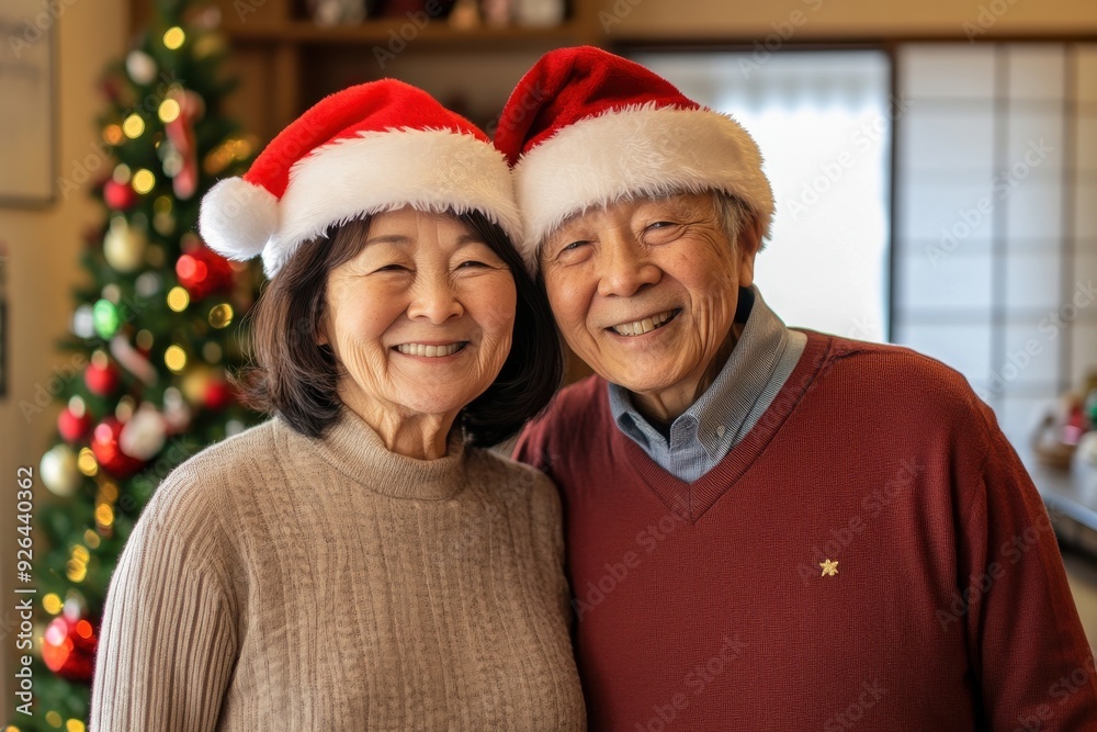 サンタ帽子をかぶってクリスマスを楽しむシニアの日本人夫婦のポートレート(シニアカップル・仲良し夫婦・おしどり夫婦・幸せ・) サンタ帽子をかぶってクリスマスを楽しむシニアの日本人夫婦のポートレート(シニアカップル・仲良し夫婦・おしどり夫婦・幸せ・)