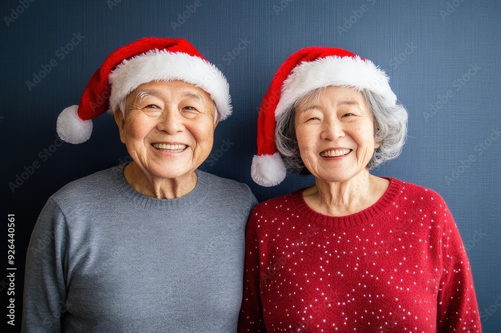 サンタ帽子をかぶってクリスマスを楽しむシニアの日本人夫婦のポートレート(シニアカップル・仲良し夫婦・おしどり夫婦・幸せ・) サンタ帽子をかぶってクリスマスを楽しむシニアの日本人夫婦のポートレート(シニアカップル・仲良し夫婦・おしどり夫婦・幸せ・)