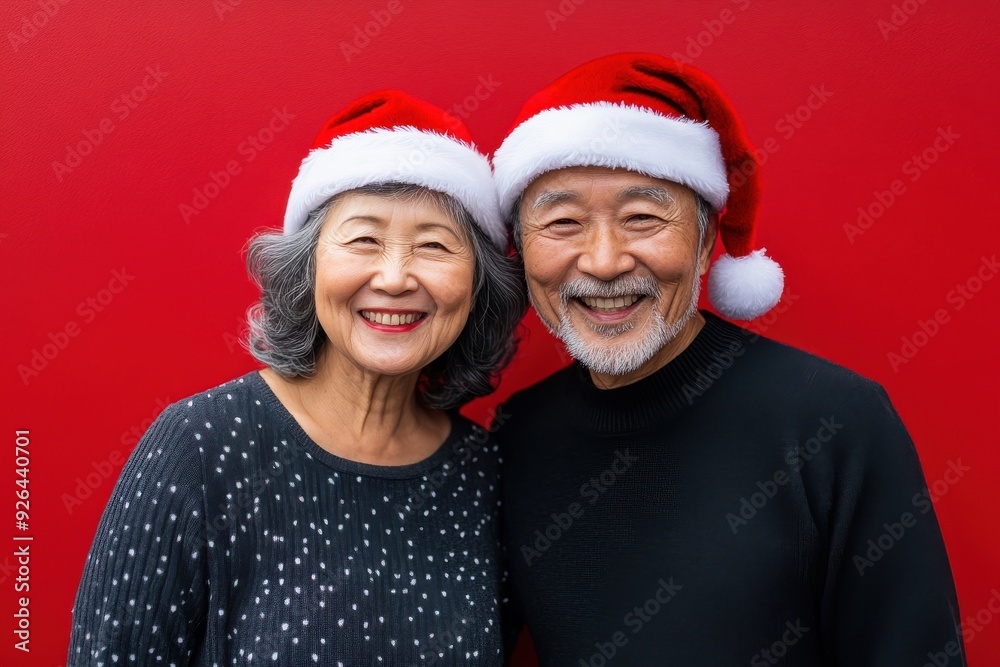 サンタ帽子をかぶってクリスマスを楽しむシニアの日本人夫婦のポートレート（シニアカップル・仲良し夫婦・おしどり夫婦・幸せ・）