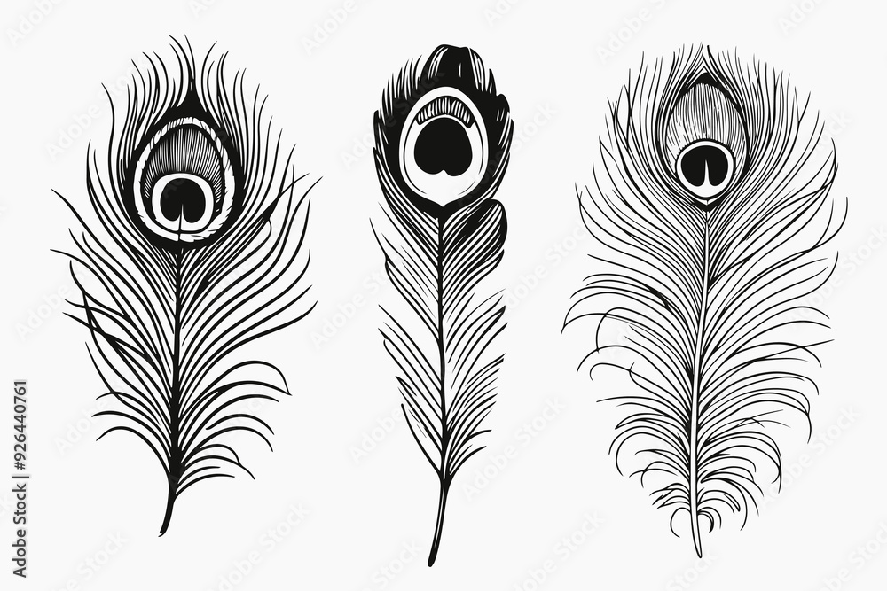 Obraz premium Peacock feathers sketched illustrations set