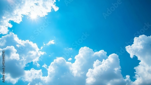 Vibrant azure sky filled with billowing cumulus clouds. Brilliant sunlight streaming through, creating a heavenly atmosphere. Perfect backdrop for concepts of hope, freedom, and endless possibilities.