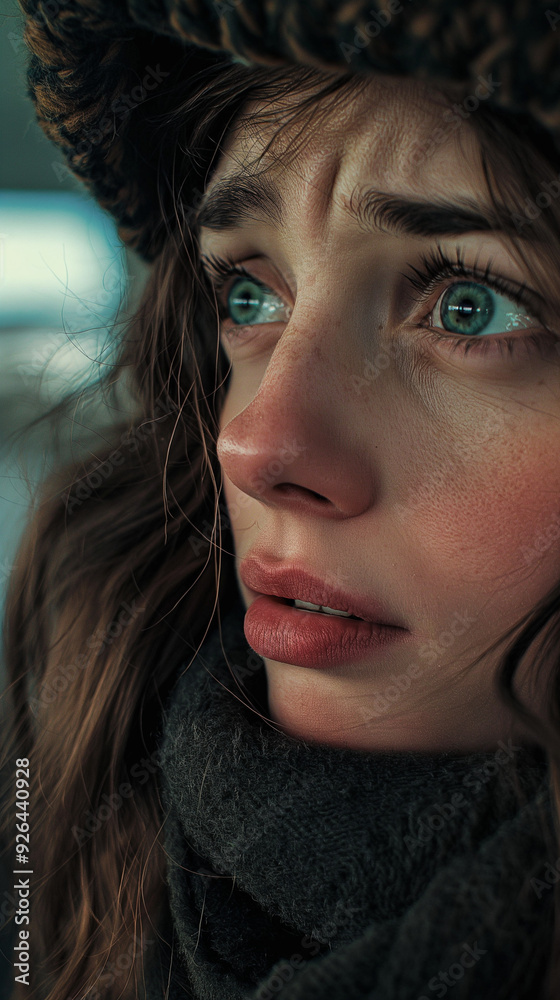 Close-Up of Pensive Woman in Winter Clothing with Emotional Expression Close-Up of Pensive Woman in Winter Clothing with Emotional Expression