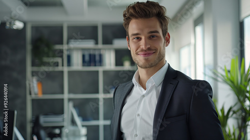 A young businessman confidently smiles while standing in a modern office setting. The bright, contemporary workspace with large windows and greenery adds a professional and welcoming atmosphere.