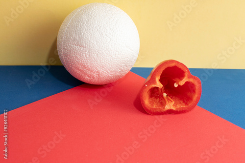 Still life with a slice of a sweet bell pepper and plastic foam ball photo