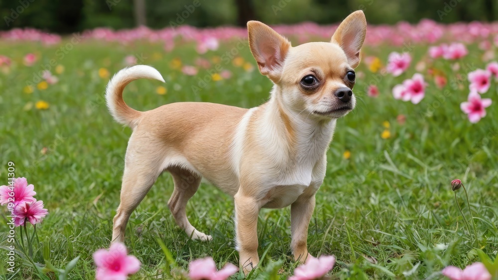 Fawn smooth coat chihuahua dog in flower field Fawn smooth coat chihuahua dog in flower field