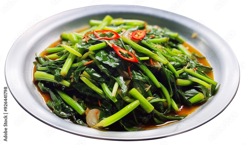 Stir-fried vegetables with oyster sauce and chili, Thai and Chinese style food, Asian stir fry, PNG file, isolated background. Stir-fried vegetables with oyster sauce and chili, Thai and Chinese style food, Asian stir fry, PNG file, isolated background.