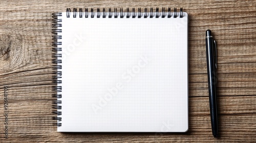 Blank notepad with pen on a wooden background. photo