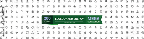 Ecology and Energy icons in line style. Ecology icons for web and mobile app. Solar panel, eco, green electricity, nature, power, power and more. Editable stroke.