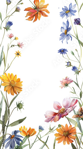 vertical frame summer watercolor flowers on a white background on the edge of the picture center empty