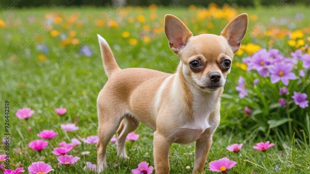 Fawn smooth coat chihuahua dog in flower field Fawn smooth coat chihuahua dog in flower field