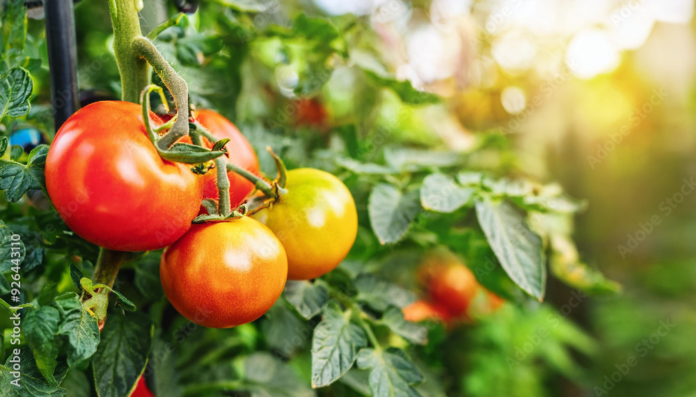 Ripe and fresh tomatoes on bush. Organic agriculture. Natural and healthy food. Autumn harvest. Ripe and fresh tomatoes on bush. Organic agriculture. Natural and healthy food. Autumn harvest.
