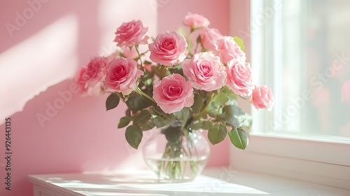 Fototapeta Naklejka Na Ścianę i Meble -  Elegant bouquet of pink roses in clear glass vase, pale pink wall background, white wooden cabinet, soft window light casting shadows, romantic atmosphere, delicate petals, fresh green leaves.