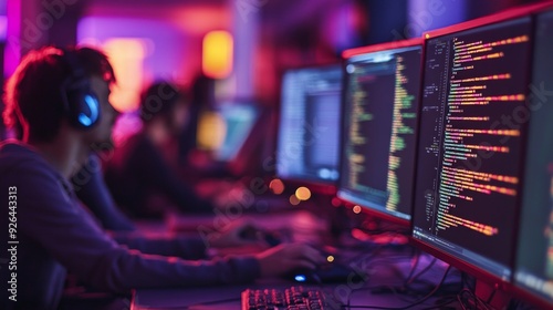 Close-up of programmers in dark room coding and gaming on multiple screens during marathon, with focus on colorful code on monitors.
