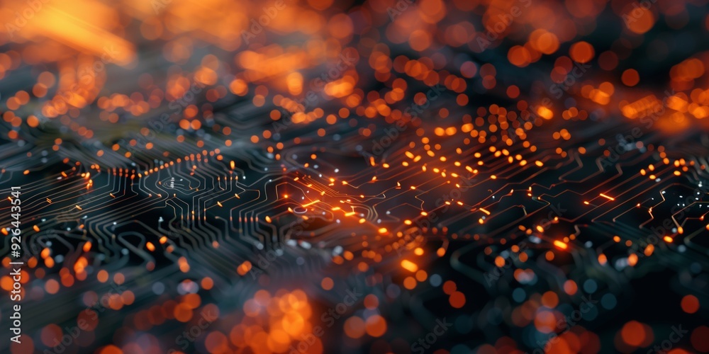 Abstract background with microchips and black blur, textured pattern, minimalistic design.