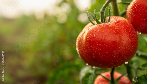 Ripe and fresh tomatoes on bush. Organic agriculture. Natural and healthy food. Autumn harvest. photo