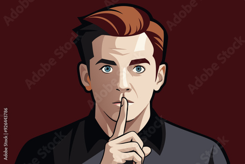 Shh! Gesture is quieter. The concept of male secret. A man asks for silence. Vector illustration
