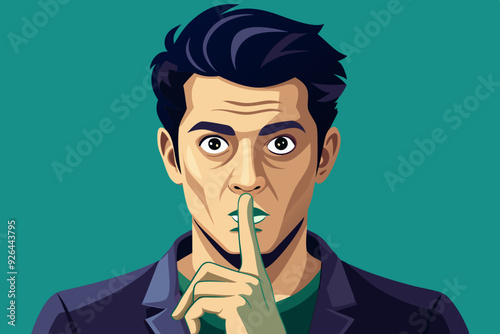 Shh! Gesture is quieter. The concept of male secret. A man asks for silence. Vector illustration
