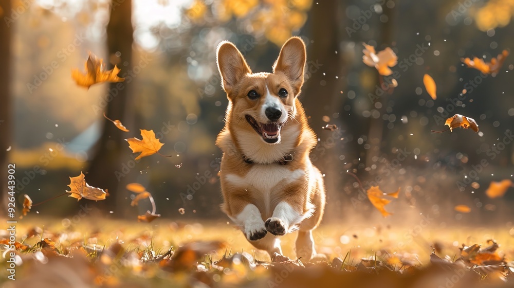 A corgi dog running in the park, smiling and happy with autumn leaves flying around it. A corgi dog running in the park, smiling and happy with autumn leaves flying around it.