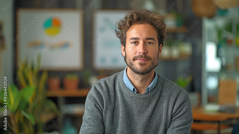 A young, charismatic man in a contemporary workplace presents an interesting and educational proposal. A young, charismatic man in a contemporary workplace presents an interesting and educational proposal.