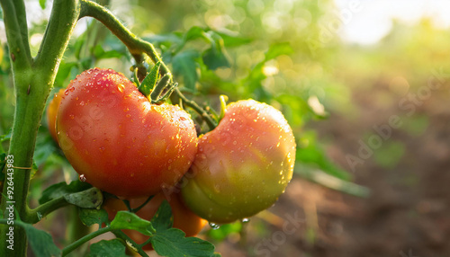 Ripe and fresh tomatoes on bush. Organic agriculture. Natural and healthy food. Autumn harvest. photo