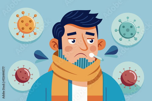 Sick man. Flu, viral disease. Vector illustration

