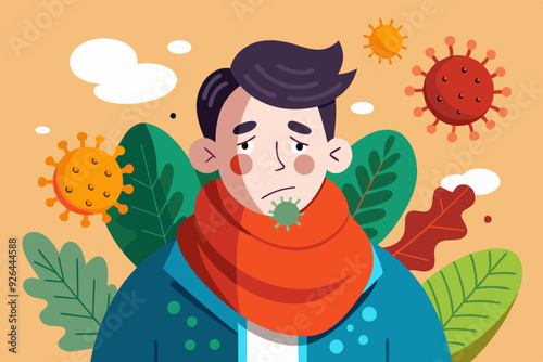 Sick man. Flu, viral disease. Vector illustration
