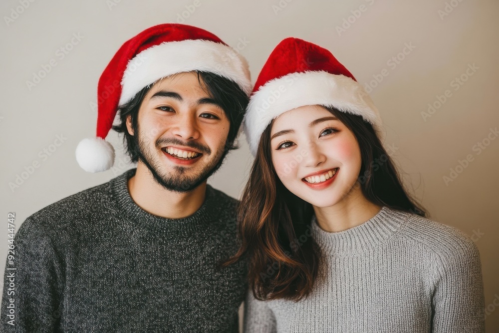 サンタ帽子をかぶってクリスマスを楽しむ日本人カップル(恋人・デート・婚活・マッチングアプリ・冬服・クリスマスツリー) サンタ帽子をかぶってクリスマスを楽しむ日本人カップル(恋人・デート・婚活・マッチングアプリ・冬服・クリスマスツリー)