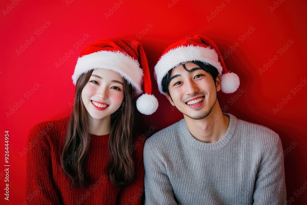 サンタ帽子をかぶってクリスマスを楽しむ日本人カップル(恋人・デート・婚活・マッチングアプリ・冬服・クリスマスツリー) サンタ帽子をかぶってクリスマスを楽しむ日本人カップル(恋人・デート・婚活・マッチングアプリ・冬服・クリスマスツリー)