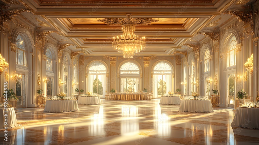 Fototapeta premium Luxurious golden ballroom, ornate crystal chandelier, gilded ceiling details, marble floor with golden veins, sunlight streaming through floor-to-ceiling windows, elegant white-clothed tables.