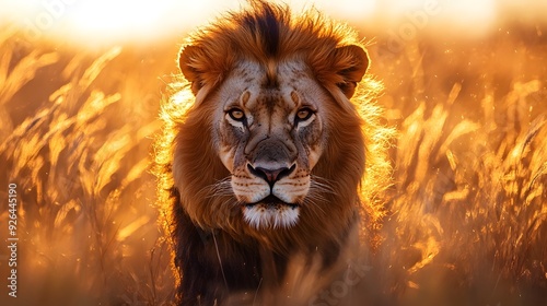 Majestic lion in African savanna, golden mane glowing, tall grass swaying, intense gaze, sunset light casting long shadows, wild and free, high-resolution wildlife photography, natural habitat.