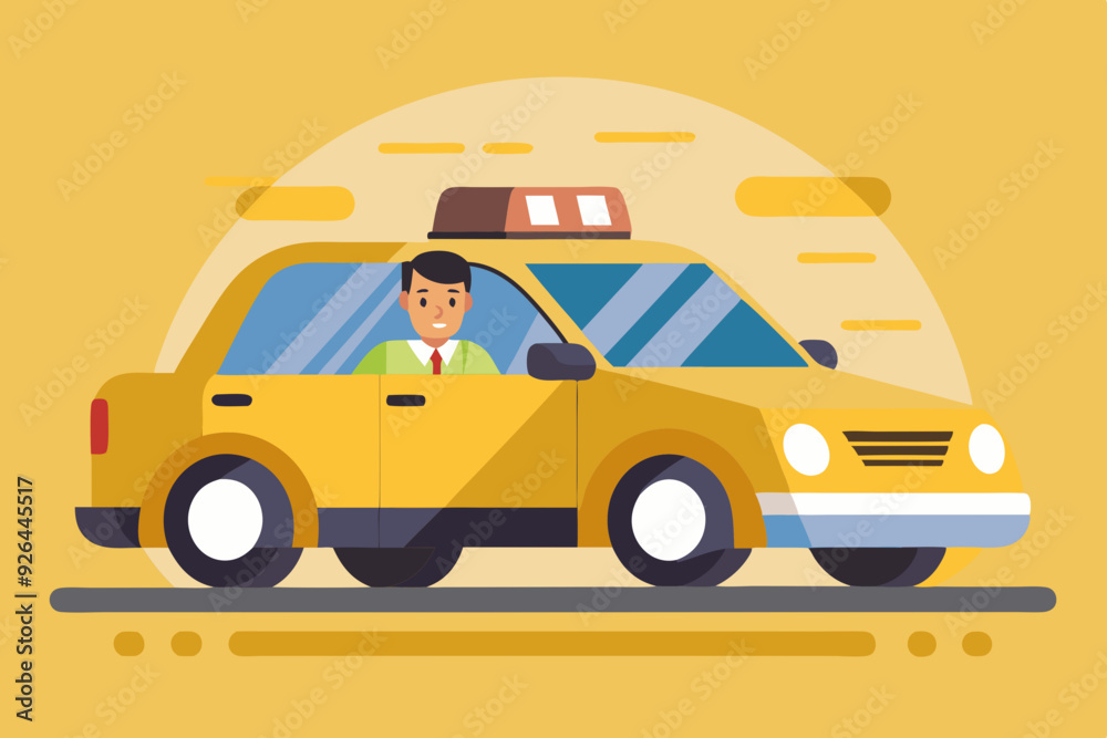 Taxi driver man driving yellow car on an isolated background. Vector illustration
