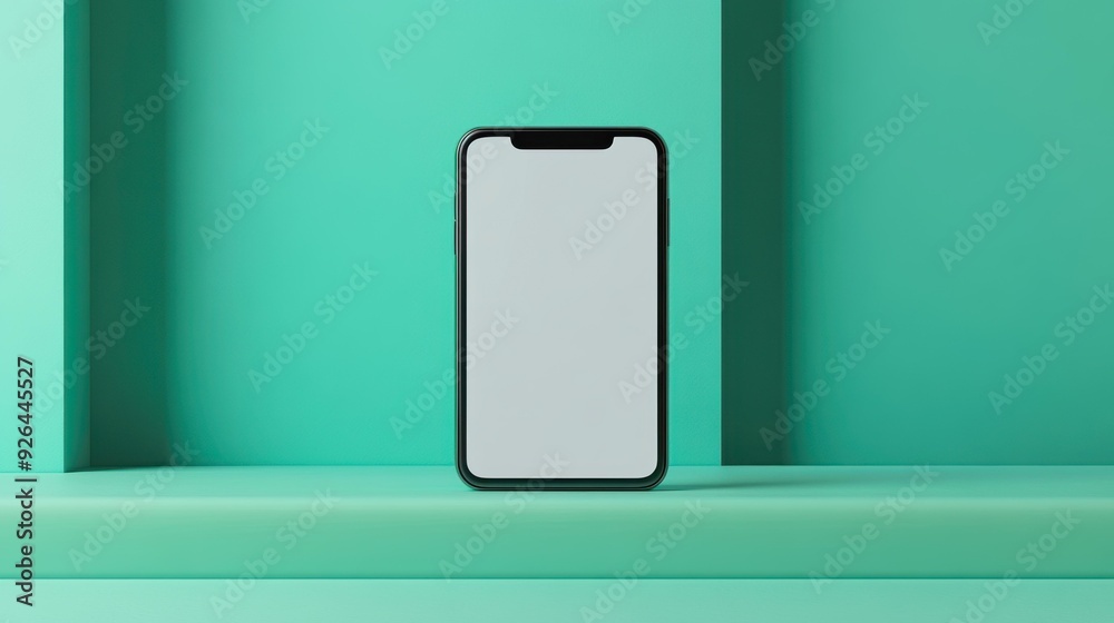 A smartphone with a blank screen is centered against a modern teal background, perfect for technology advertising, app promotion, or digital illustrations A smartphone with a blank screen is centered against a modern teal background, perfect for technology advertising, app promotion, or digital illustrations