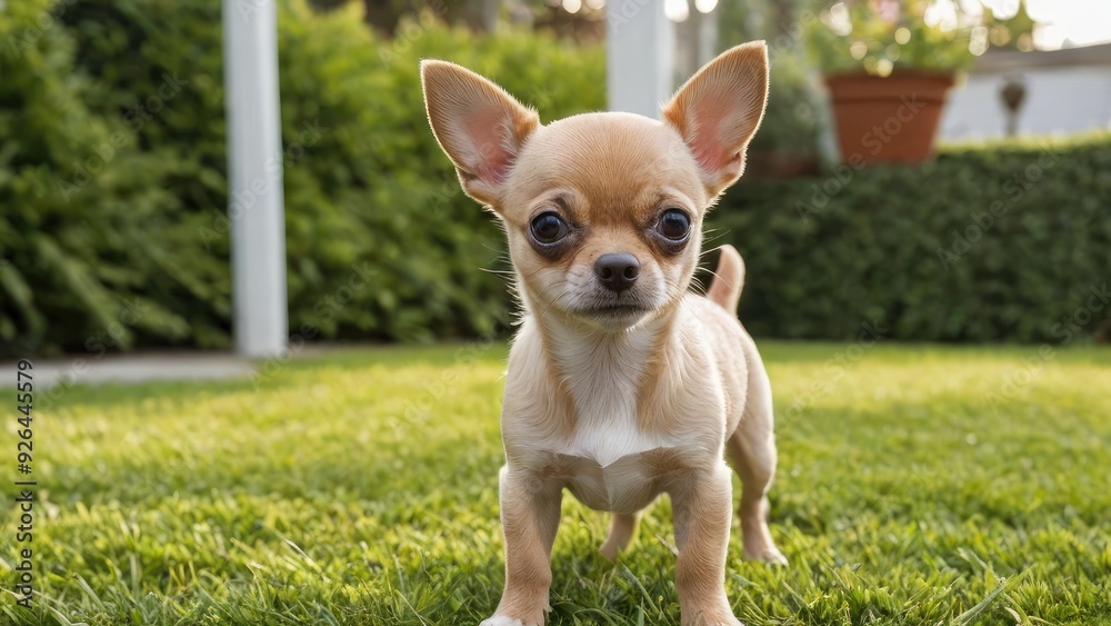 Fawn smooth coat chihuahua dog in the garden Fawn smooth coat chihuahua dog in the garden