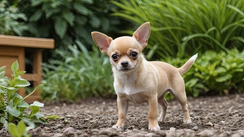 Fawn smooth coat chihuahua dog in the garden