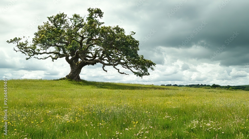 Obraz premium An Ancient Oak Tree Stands Majestically in a Vast Meadow, Branches Twisted Under a Cloudy Sky with Wildflowers Across the Grass. AI generated illustration