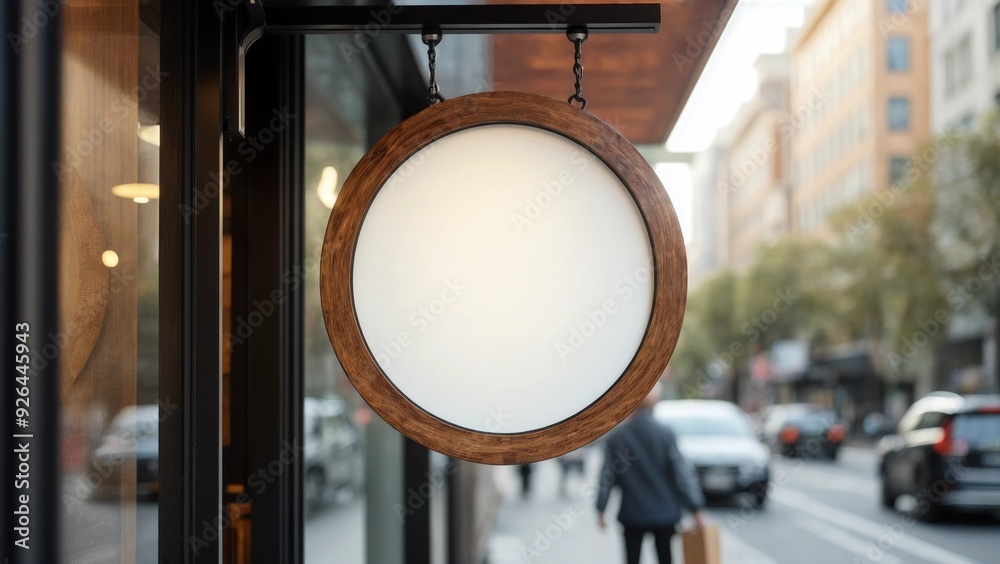 Modern Circular Signage with Wooden Frame on City Street Modern Circular Signage with Wooden Frame on City Street