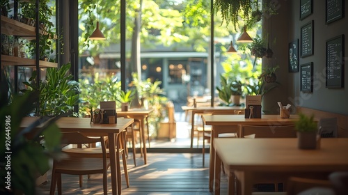 Minimalist coffee shop, wooden tables, cozy seating, large windows, natural light, potted plants, warm ambiance, high-resolution interior photography, contemporary design.