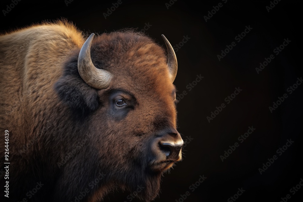 Photo of a bison isolated against a black background, emphasising the bison's majestic features. Wildlife and conservation concept, space for copy. Photo of a bison isolated against a black background, emphasising the bison's majestic features. Wildlife and conservation concept, space for copy.
