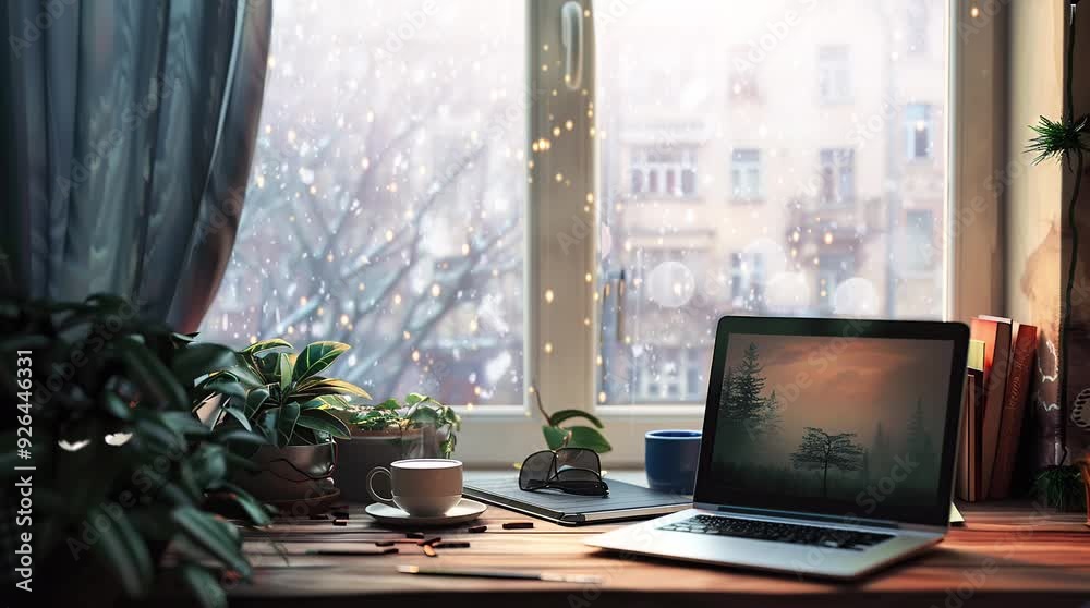 Laptop placed on a windowsill, with a view of a snowy winter landscape outside, creating a cozy and productive work or study space w Seamless looping 4k time-lapse virtual video animation Generated AI