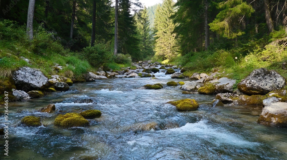 Pristine Alpine Stream Flowing Over Smooth Rocks, Surrounded by Moss-Covered Boulders and Tall Evergreen Trees. AI generated illustration Pristine Alpine Stream Flowing Over Smooth Rocks, Surrounded by Moss-Covered Boulders and Tall Evergreen Trees. AI generated illustration