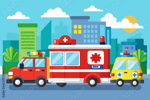 Set of emergency vehicles. Police car, ambulance and fire truck
