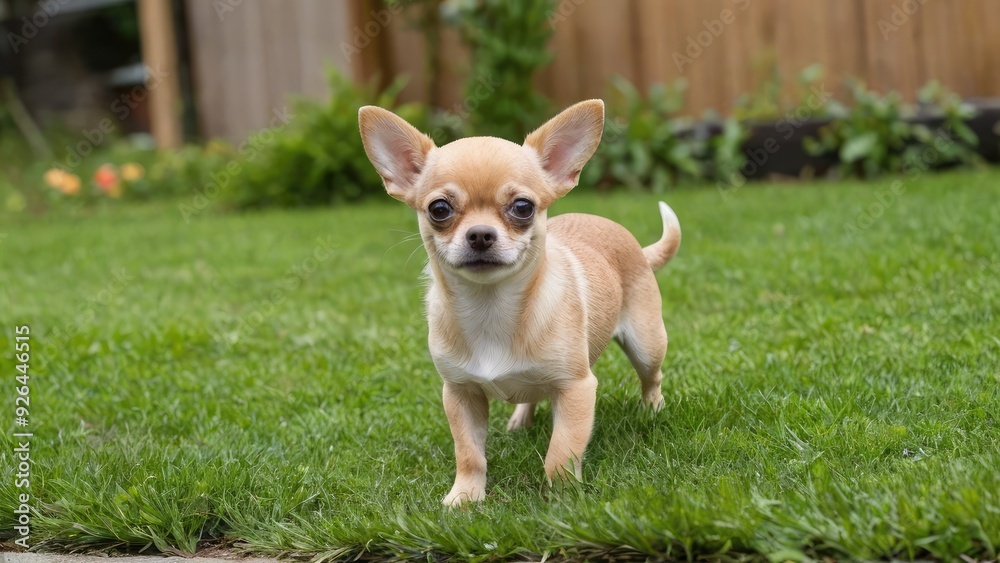 Fawn smooth coat chihuahua dog in the garden Fawn smooth coat chihuahua dog in the garden
