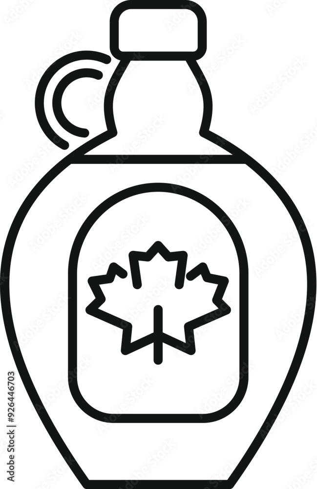 Simple line art icon of a glass jug of maple syrup with a maple leaf icon Simple line art icon of a glass jug of maple syrup with a maple leaf icon