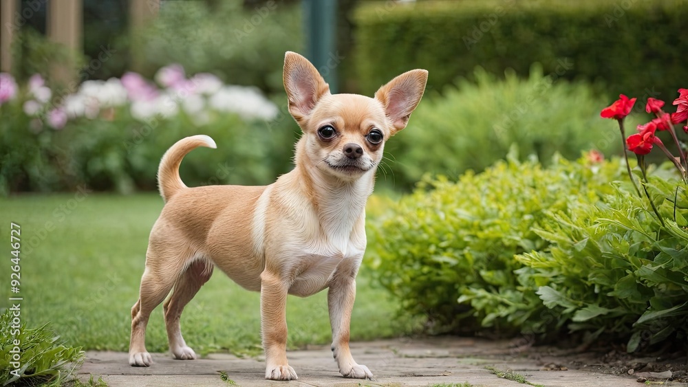 Fawn smooth coat chihuahua dog in the garden Fawn smooth coat chihuahua dog in the garden