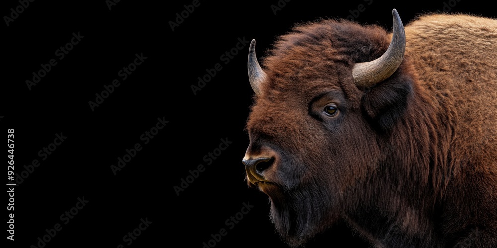 Photo of a bison isolated against a black background, emphasising the bison's majestic features. Wildlife and conservation concept, space for copy. Photo of a bison isolated against a black background, emphasising the bison's majestic features. Wildlife and conservation concept, space for copy.