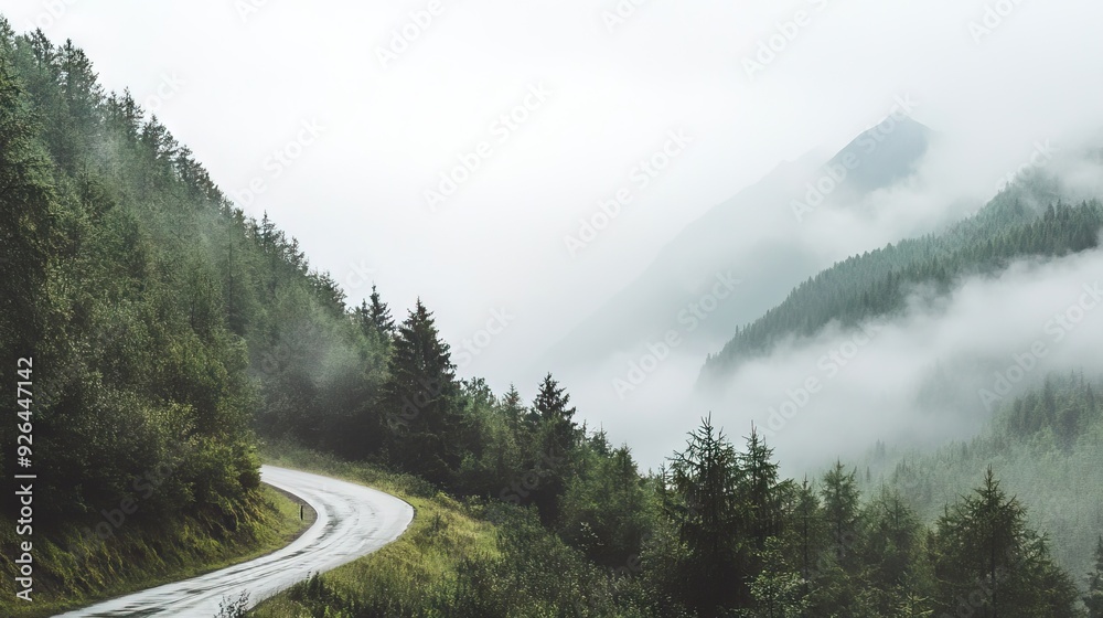 Foggy Winding Mountain Road with Peaks Shrouded in Mist and Dense Forest Along the Path. AI generated illustration Foggy Winding Mountain Road with Peaks Shrouded in Mist and Dense Forest Along the Path. AI generated illustration