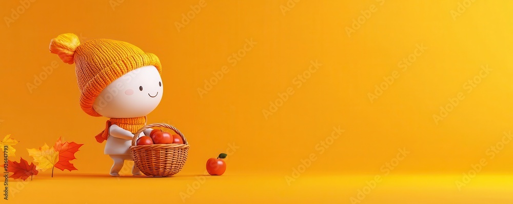 Fototapeta premium Character with an autumn hat, holding a basket of apples, 3D illustration