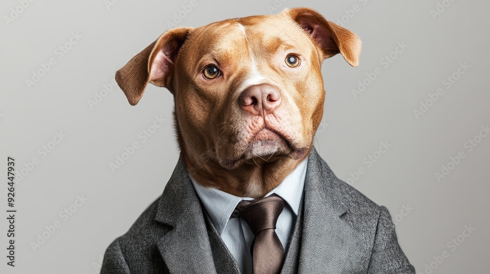 Dog in a smart blazer and tie, posing like a business professional.