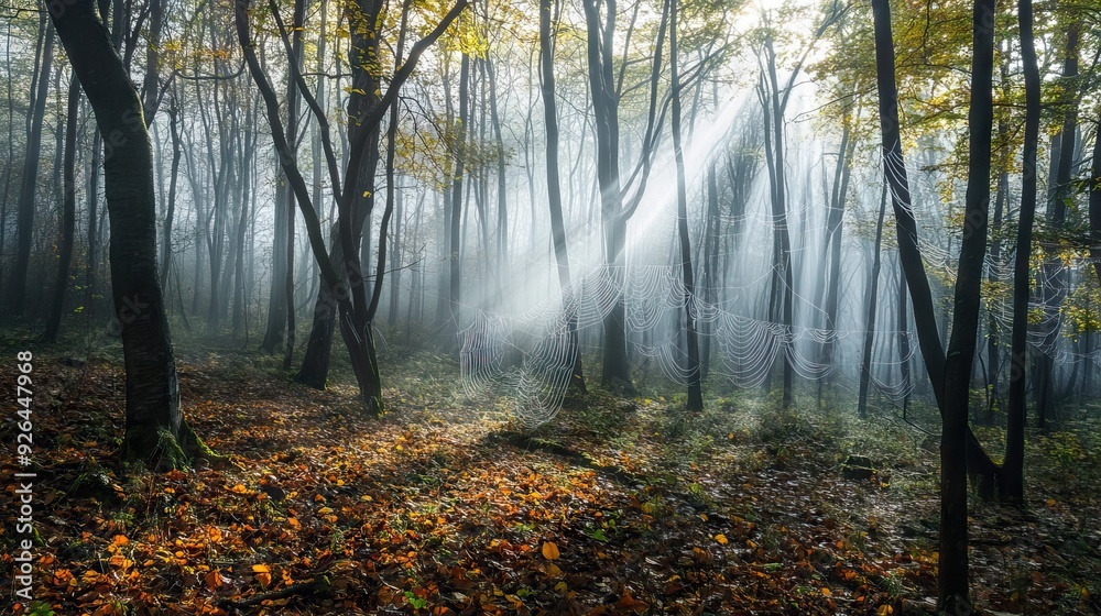 Misty Morning in a Dense Forest with Dew-Covered Spider Webs Glimmering in Dawn's First Light and a Carpet of Fallen Leaves. AI generated illustration Misty Morning in a Dense Forest with Dew-Covered Spider Webs Glimmering in Dawn's First Light and a Carpet of Fallen Leaves. AI generated illustration